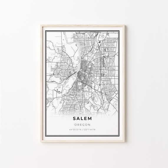Salem City Map Art Print, Oregon Modern Black and White