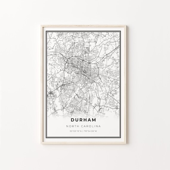 Durham North Carolina Modern Minimalist Black and White City Map Poster