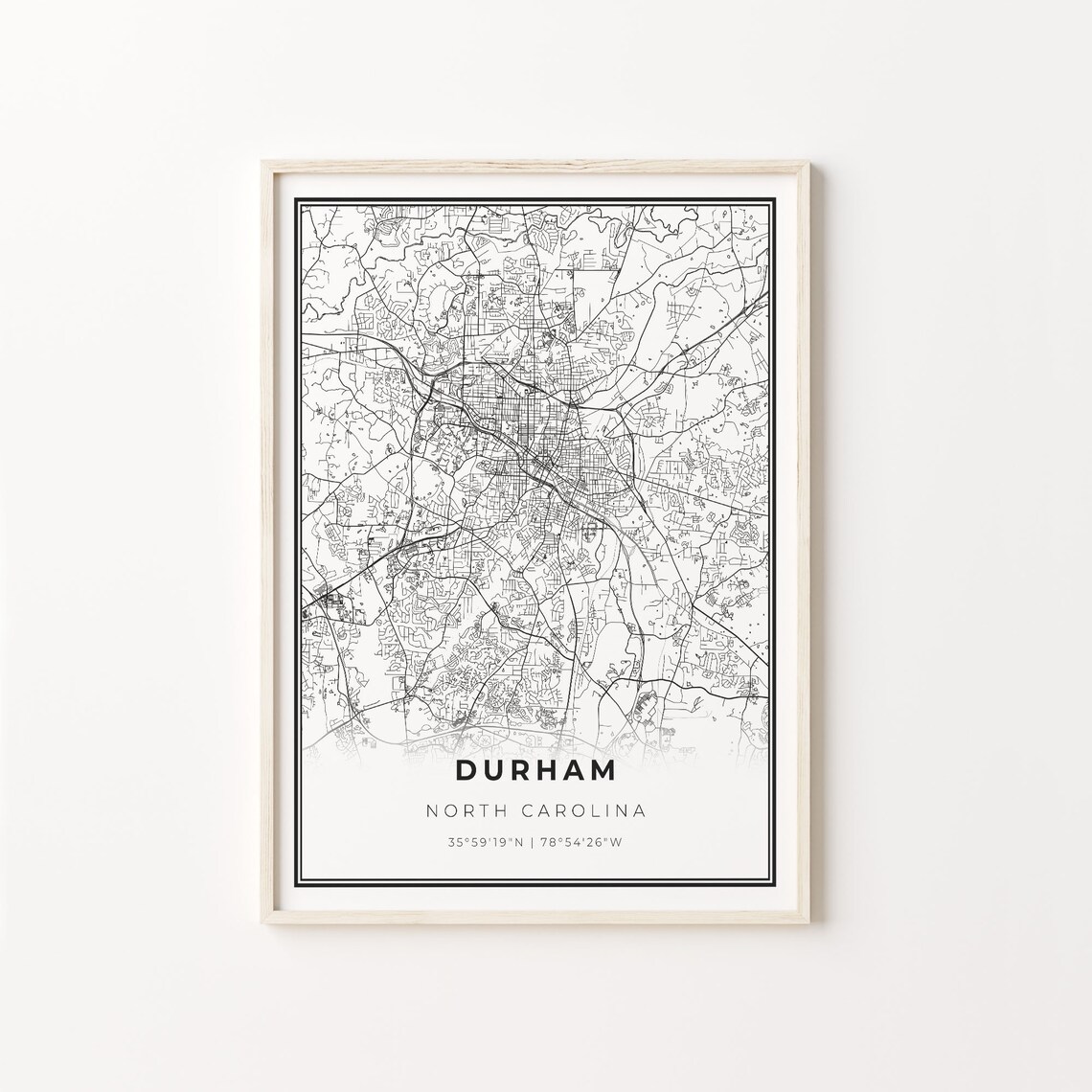 Durham North Carolina Modern Minimalist Black and White City Map Poster