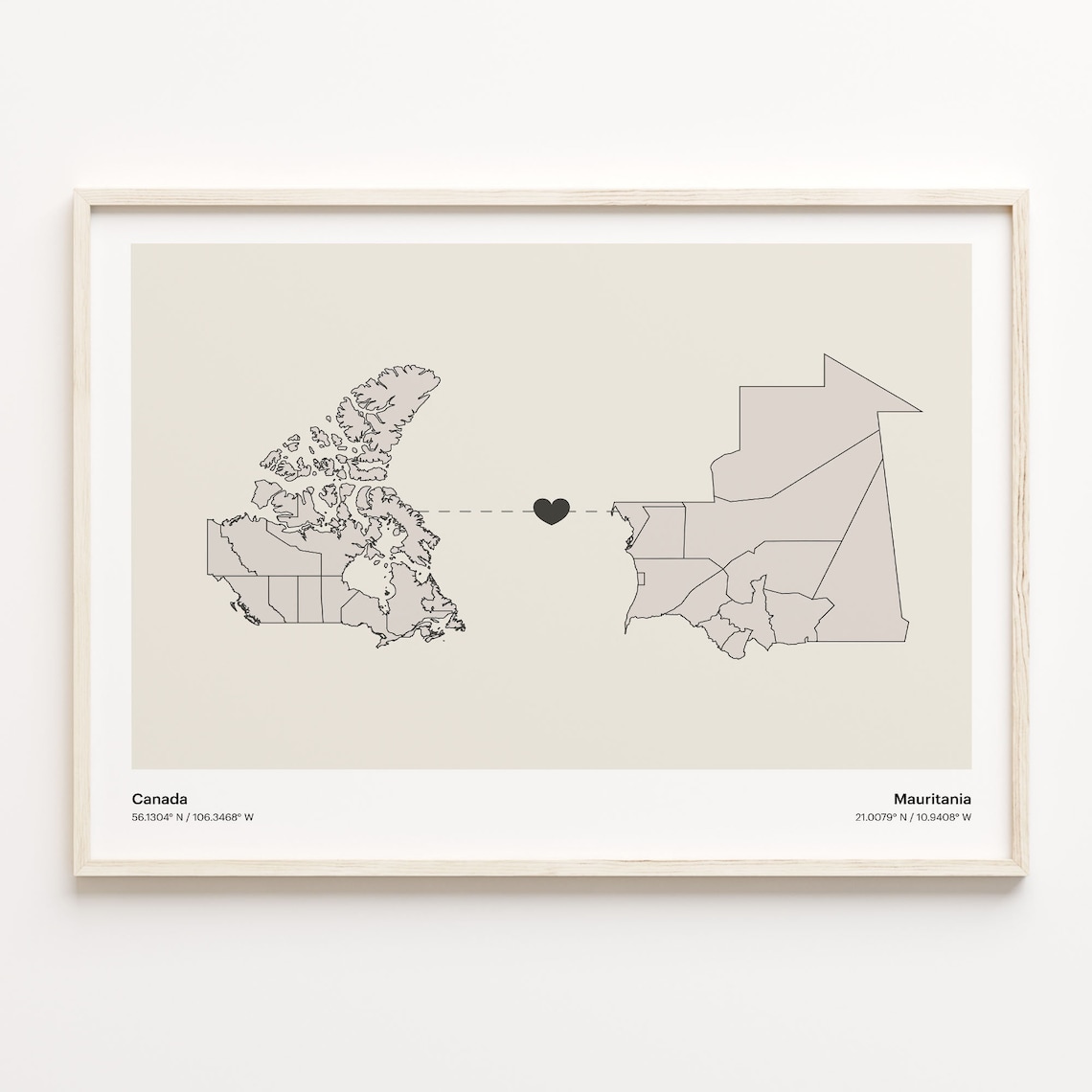 Canada Mauritania Heart Connection Map Minimalist Long Distance Gift Poster