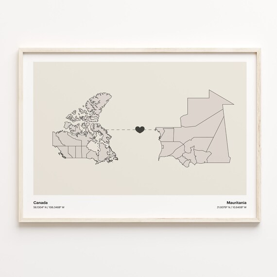 Canada Mauritania Heart Connection Map Minimalist Long Distance Gift Poster