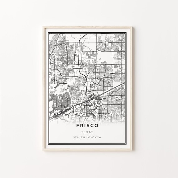 Frisco Texas Modern Minimalist Black White Street Map Poster