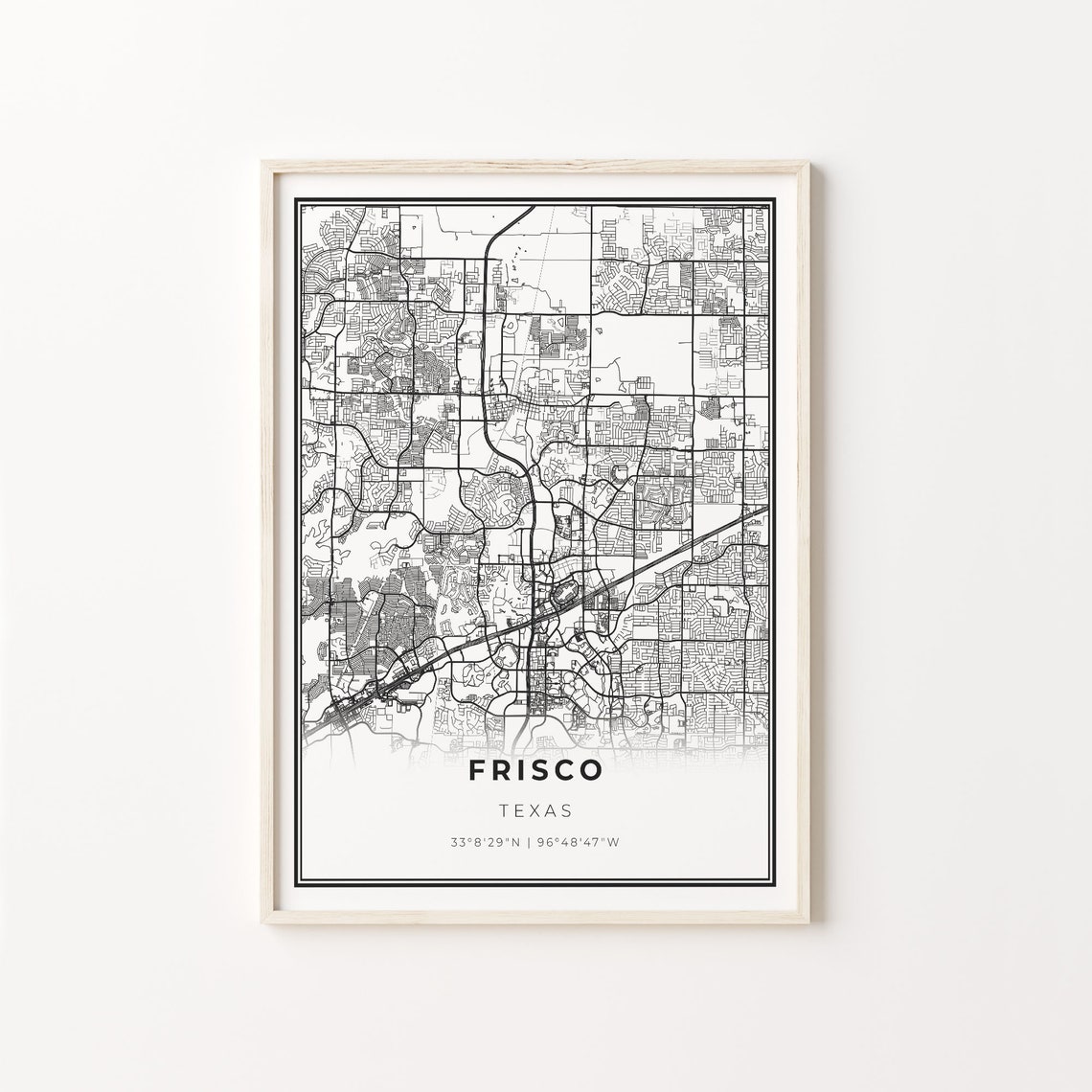 Frisco Texas Modern Minimalist Black White Street Map Poster