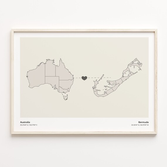 Australia To Bermuda Heart Map Minimalist Country Connection Poster