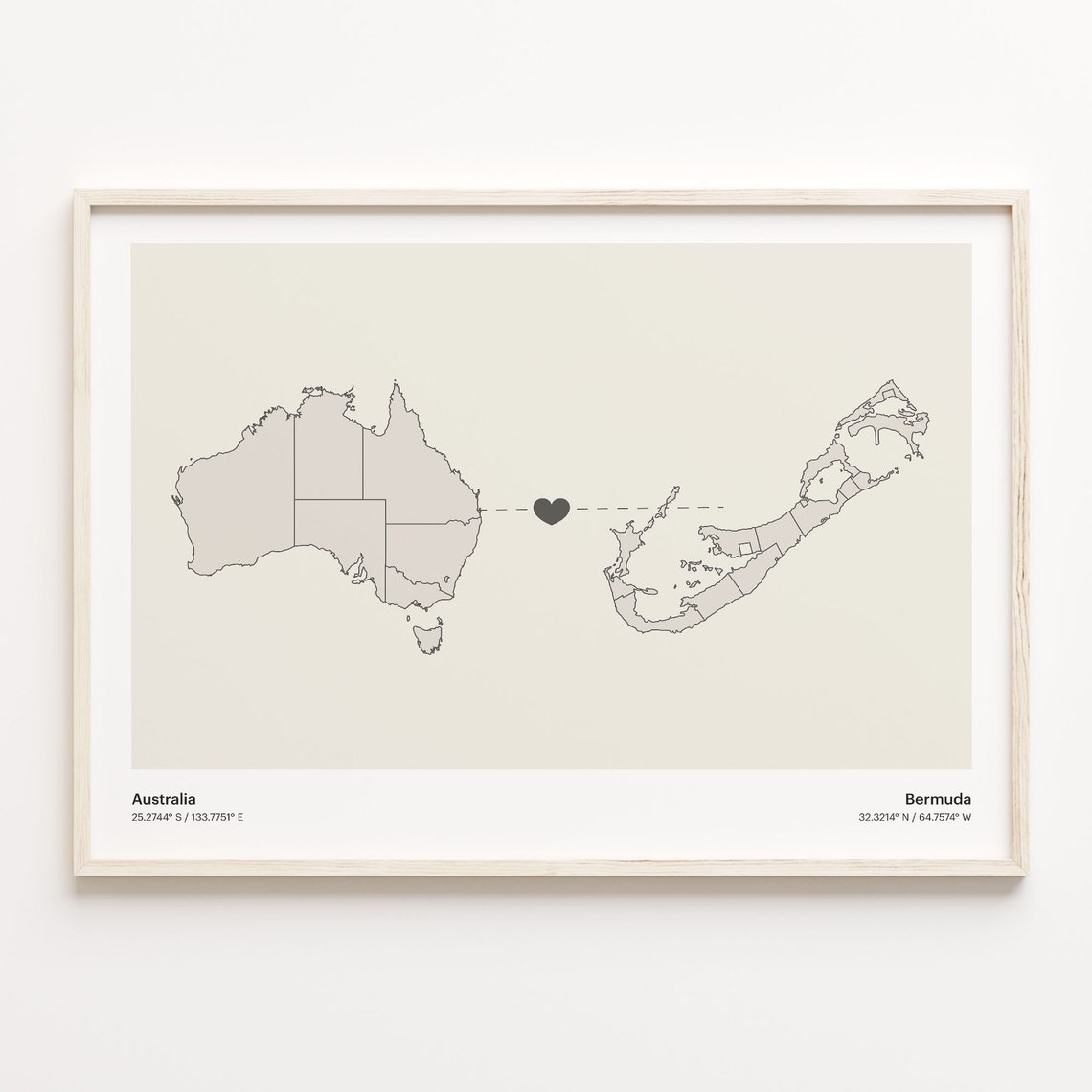 Australia To Bermuda Heart Map Minimalist Country Connection Poster