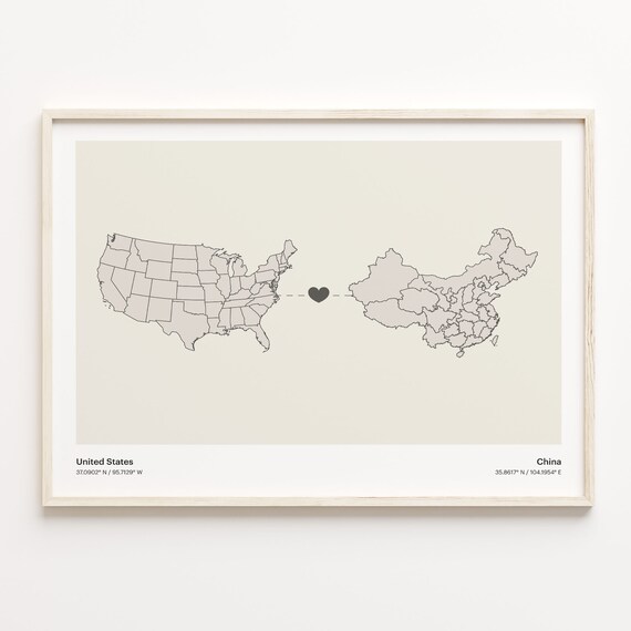 United States To China Long Distance Heart Map Minimalist Poster