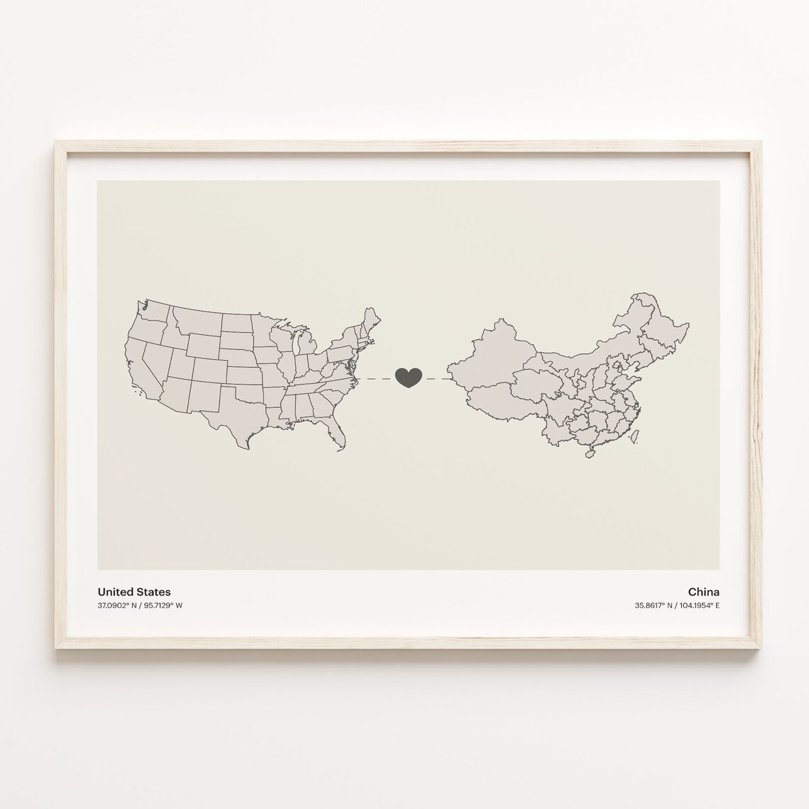 United States To China Long Distance Heart Map Minimalist Poster