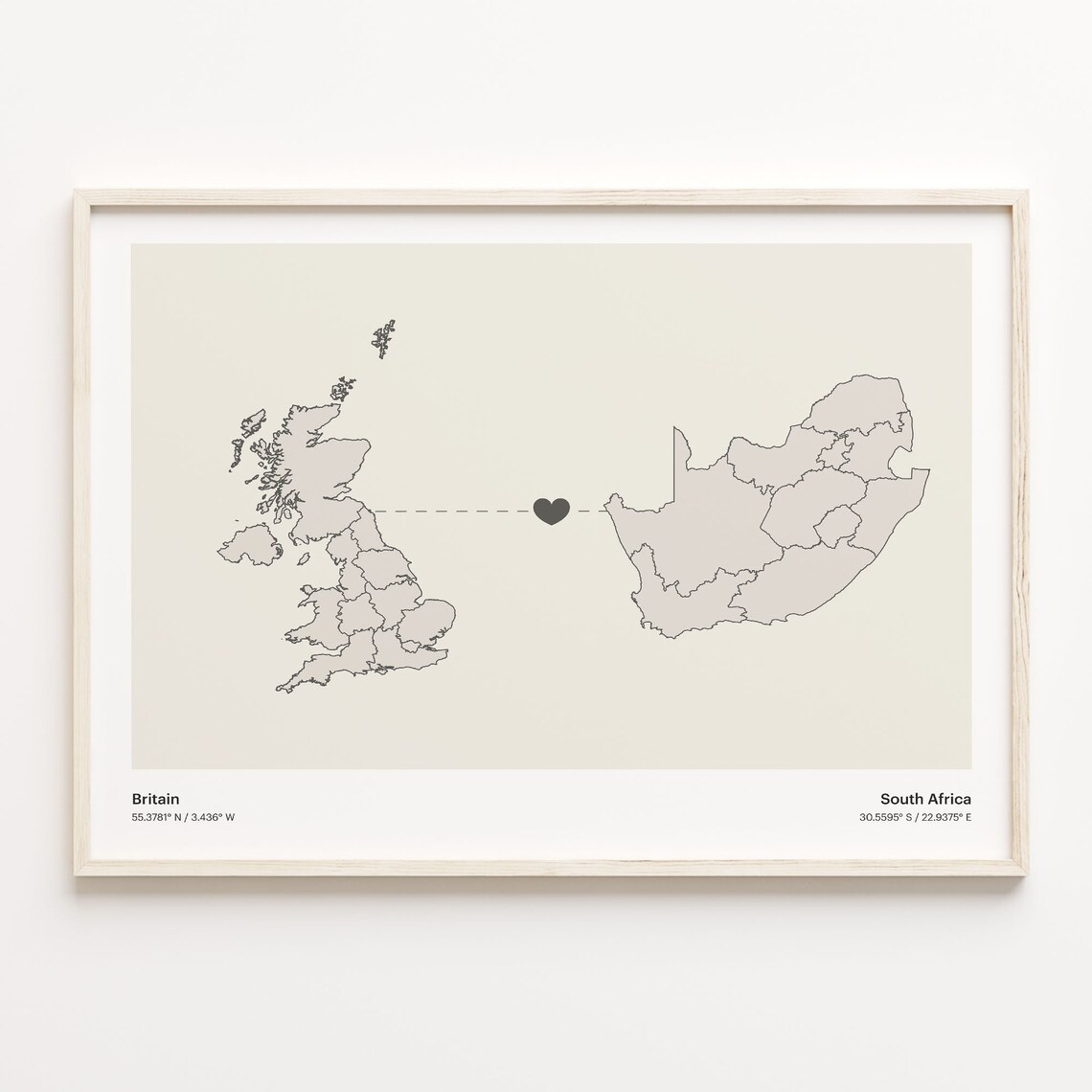 Britain to South Africa Minimalist Heart Connection Map Art Poster