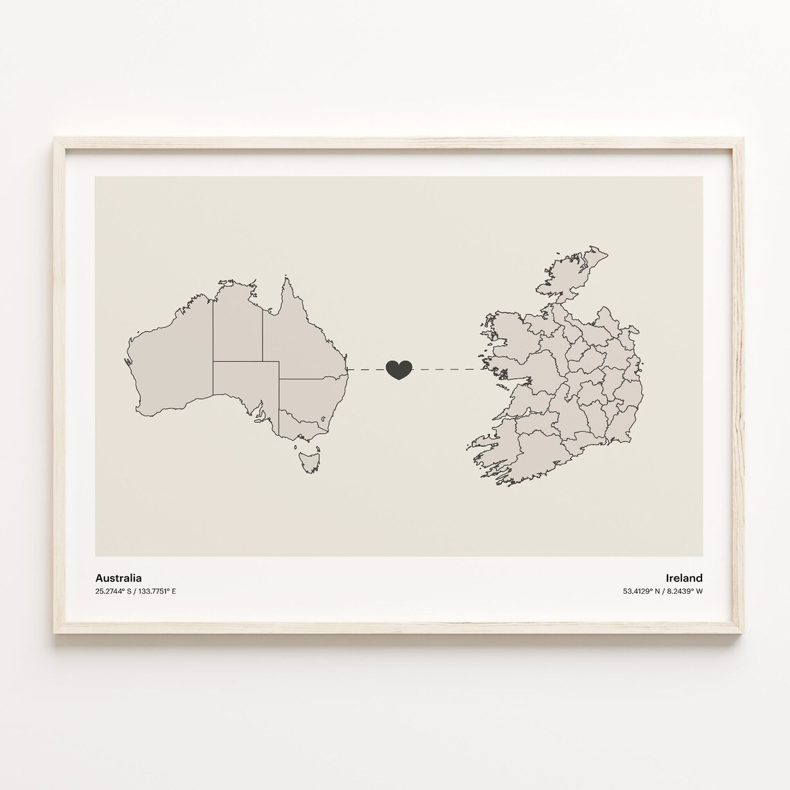 Australia and Ireland Long Distance Love Country Connection Map Poster