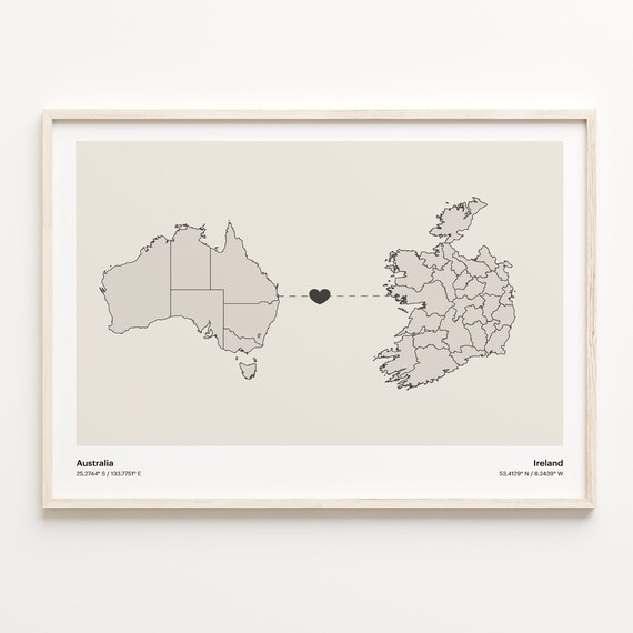 Australia and Ireland Long Distance Love Country Connection Map Poster