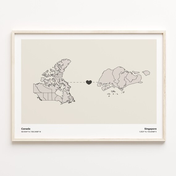 Canada To Singapore Heart Map Minimalist Country Connection Poster
