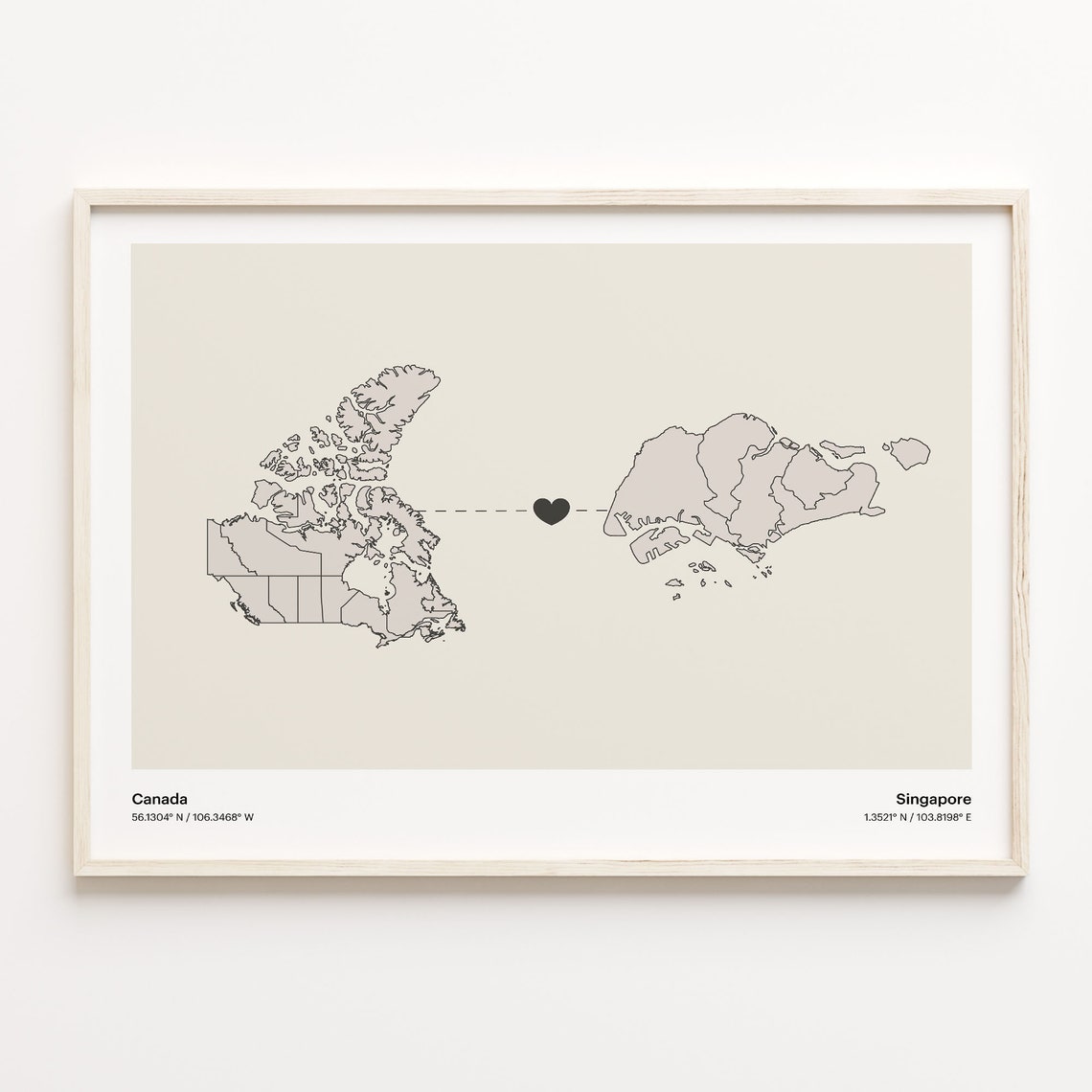 Canada To Singapore Heart Map Minimalist Country Connection Poster