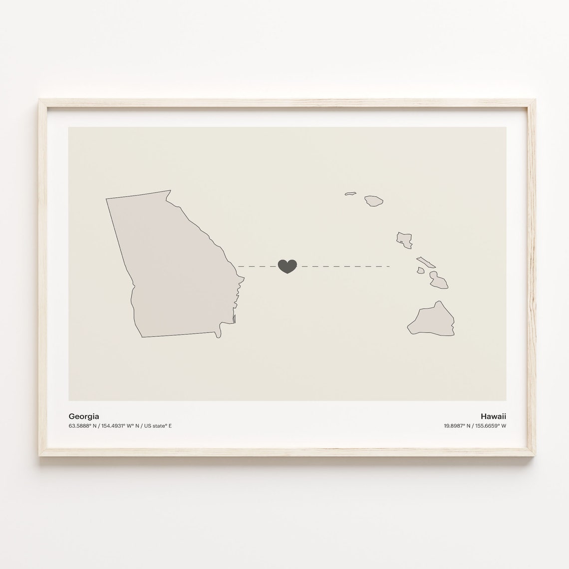 Georgia Hawaii State Beige Minimalist Heart Connection Map Poster