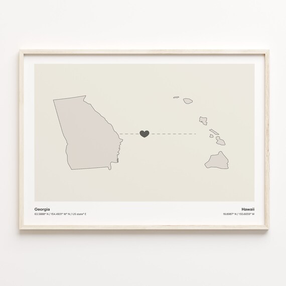 Georgia Hawaii State Beige Minimalist Heart Connection Map Poster