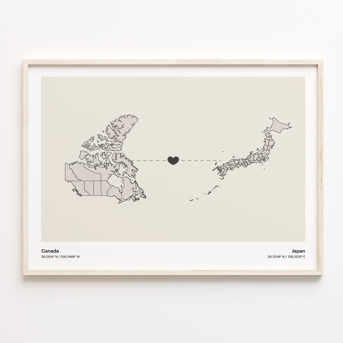 Canada Japan Long Distance Love Heart Modern Minimalist Map Poster
