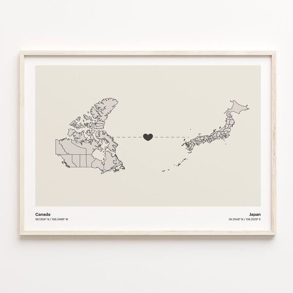 Canada Japan Long Distance Love Heart Modern Minimalist Map Poster