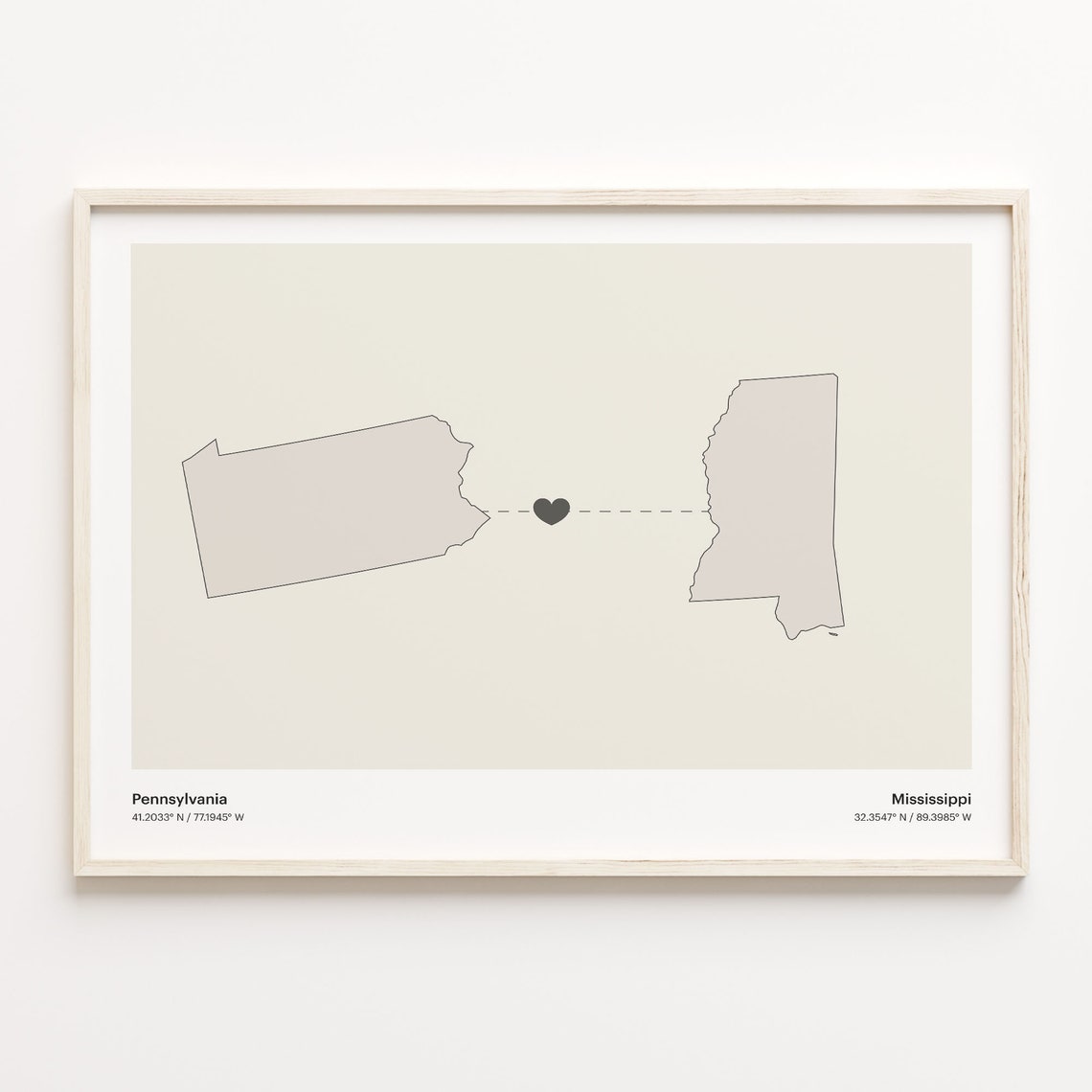 Pennsylvania to Mississippi Minimalist Heart Map Connection Poster