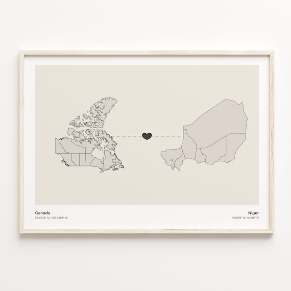 Canada Niger Heart Connection Map Minimalist Long Distance Gift Poster