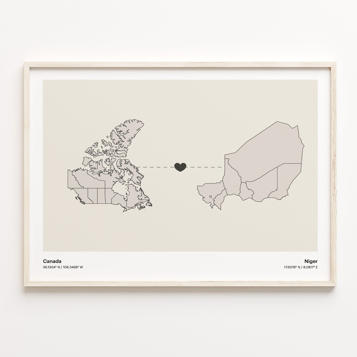 Canada Niger Heart Connection Map Minimalist Long Distance Gift Poster