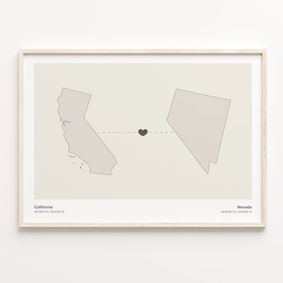 California Nevada Long Distance Love Connection Heart Map Poster