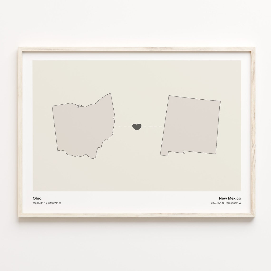 Ohio to New Mexico Heart Map Long Distance Love Art Gift Poster