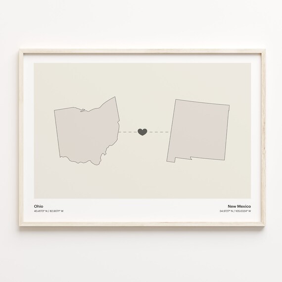Ohio to New Mexico Heart Map Long Distance Love Art Gift Poster