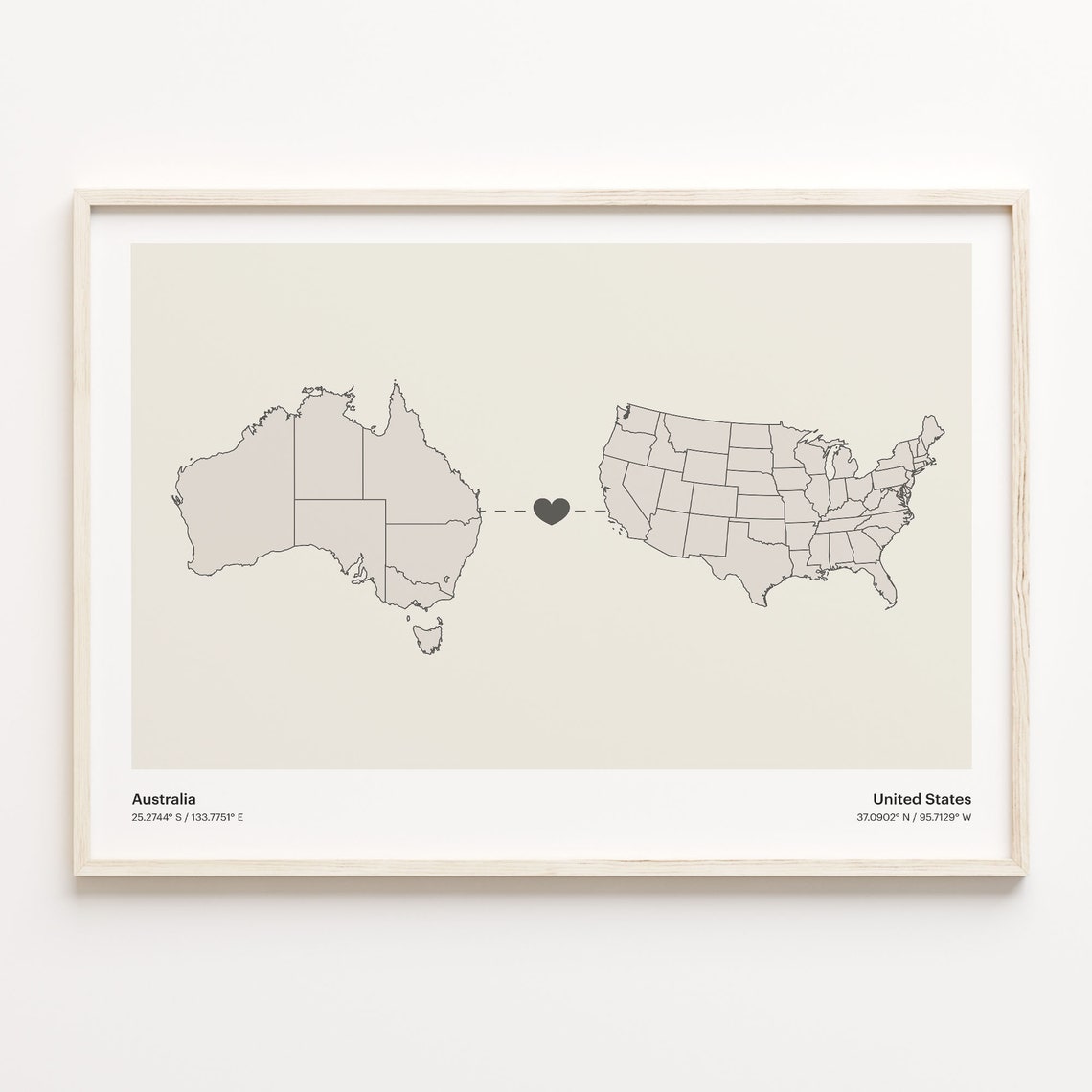 Australia to United States Long Distance Heart Connection Map Poster
