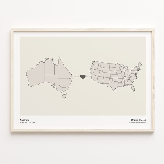 Australia to United States Long Distance Heart Connection Map Poster