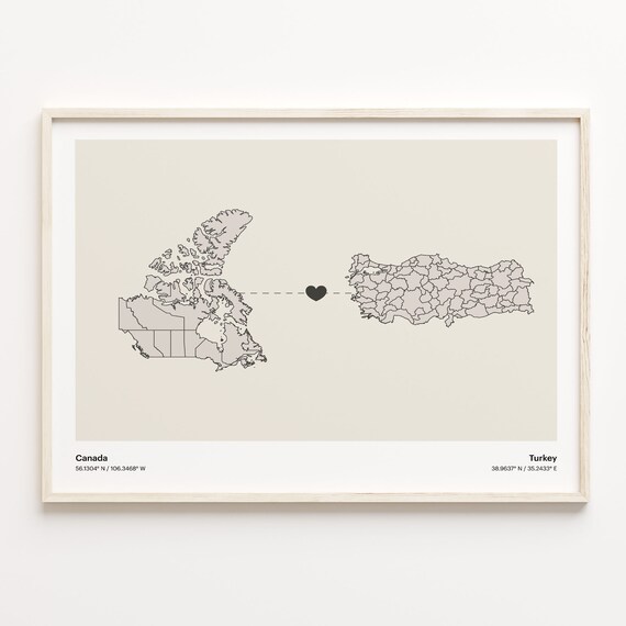 Canada to Turkey Connection Map Poster Heart Between Two Nations