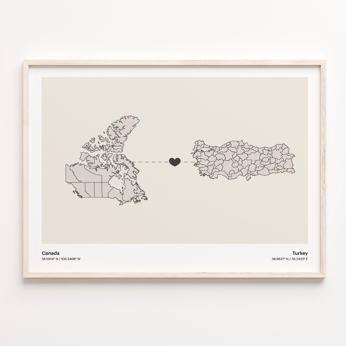 Canada to Turkey Connection Map Poster Heart Between Two Nations