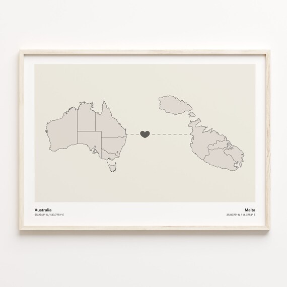 Australia and Malta Long Distance Love Country Connection Map Poster