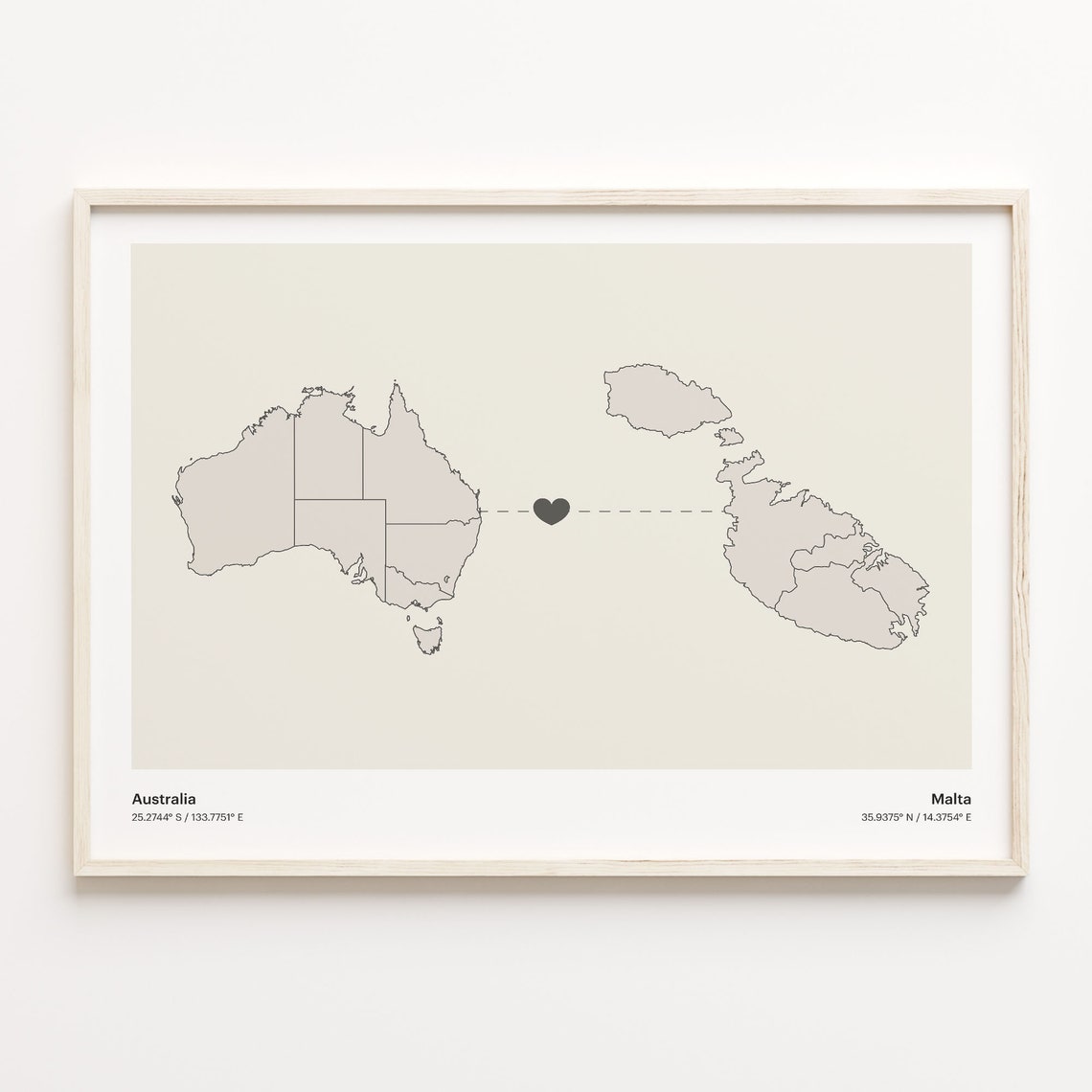 Australia and Malta Long Distance Love Country Connection Map Poster