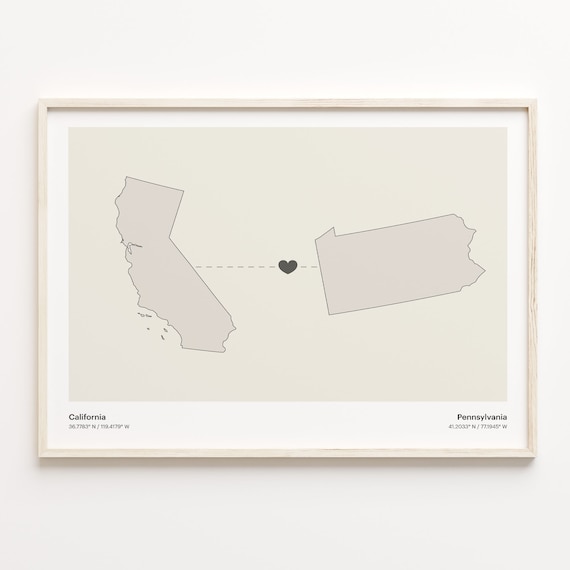 California Pennsylvania Long Distance Love Connection Heart Map Poster