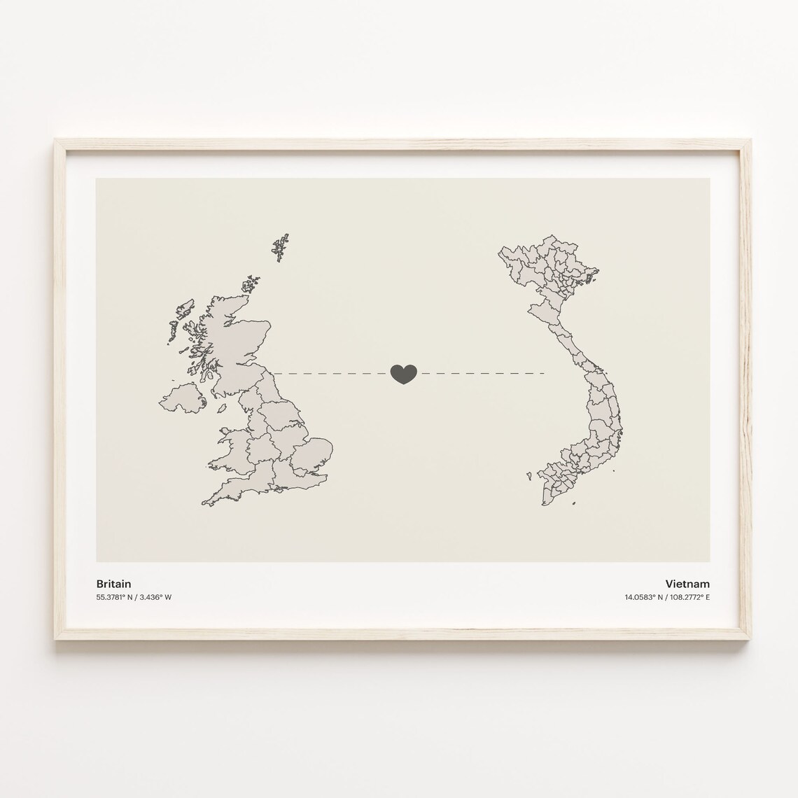 Britain To Vietnam Long Distance Heart Map Couple Gift Poster