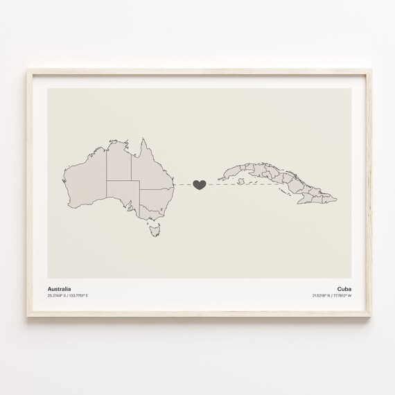Australia Cuba Long Distance Heart Connection Map Poster Gift