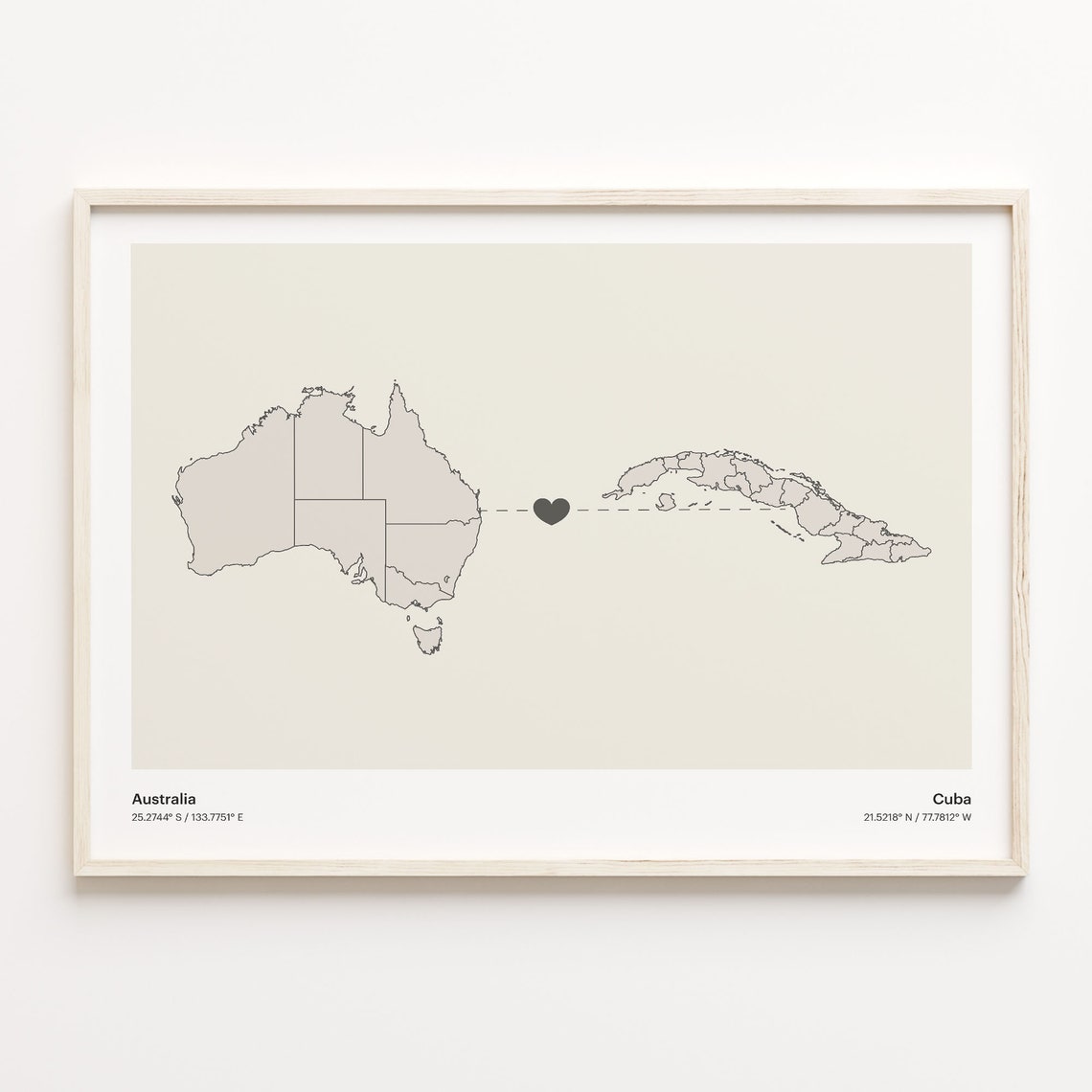 Australia Cuba Long Distance Heart Connection Map Poster Gift