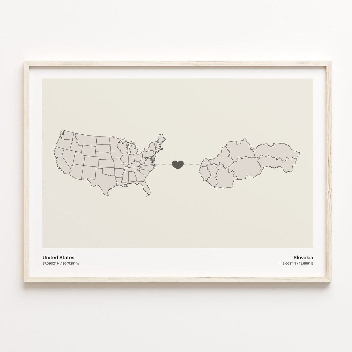 United States to Slovakia Minimalist Long Distance Love Poster