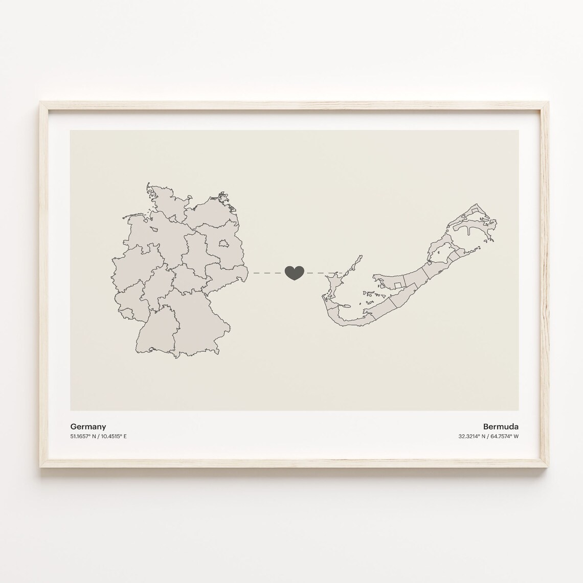 Germany To Bermuda Minimalist Country Heart Connection Map Poster