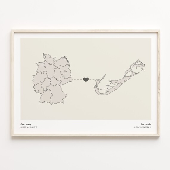 Germany To Bermuda Minimalist Country Heart Connection Map Poster