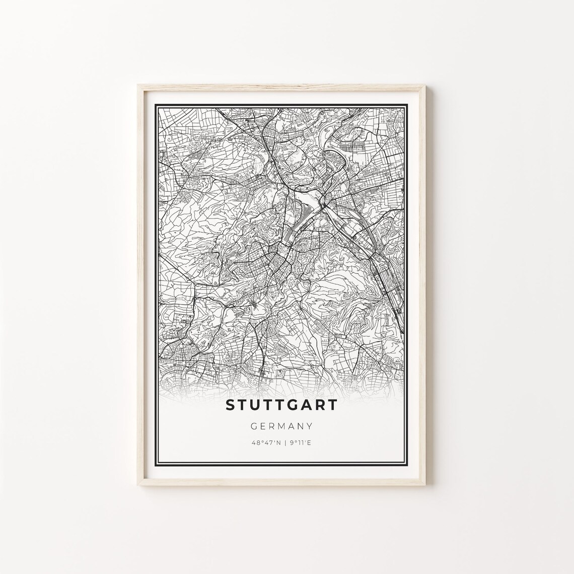 Stuttgart City Map Art Print, Modern Black and White