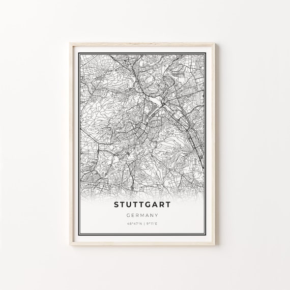 Stuttgart City Map Art Print, Modern Black and White