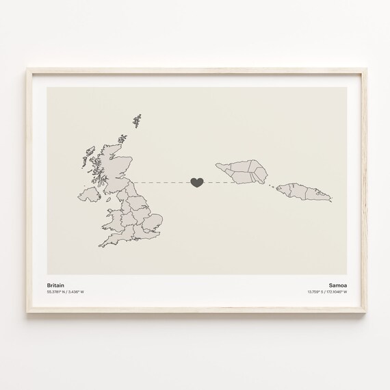 Britain To Samoa Minimalistic Heart Love Connection Map Poster