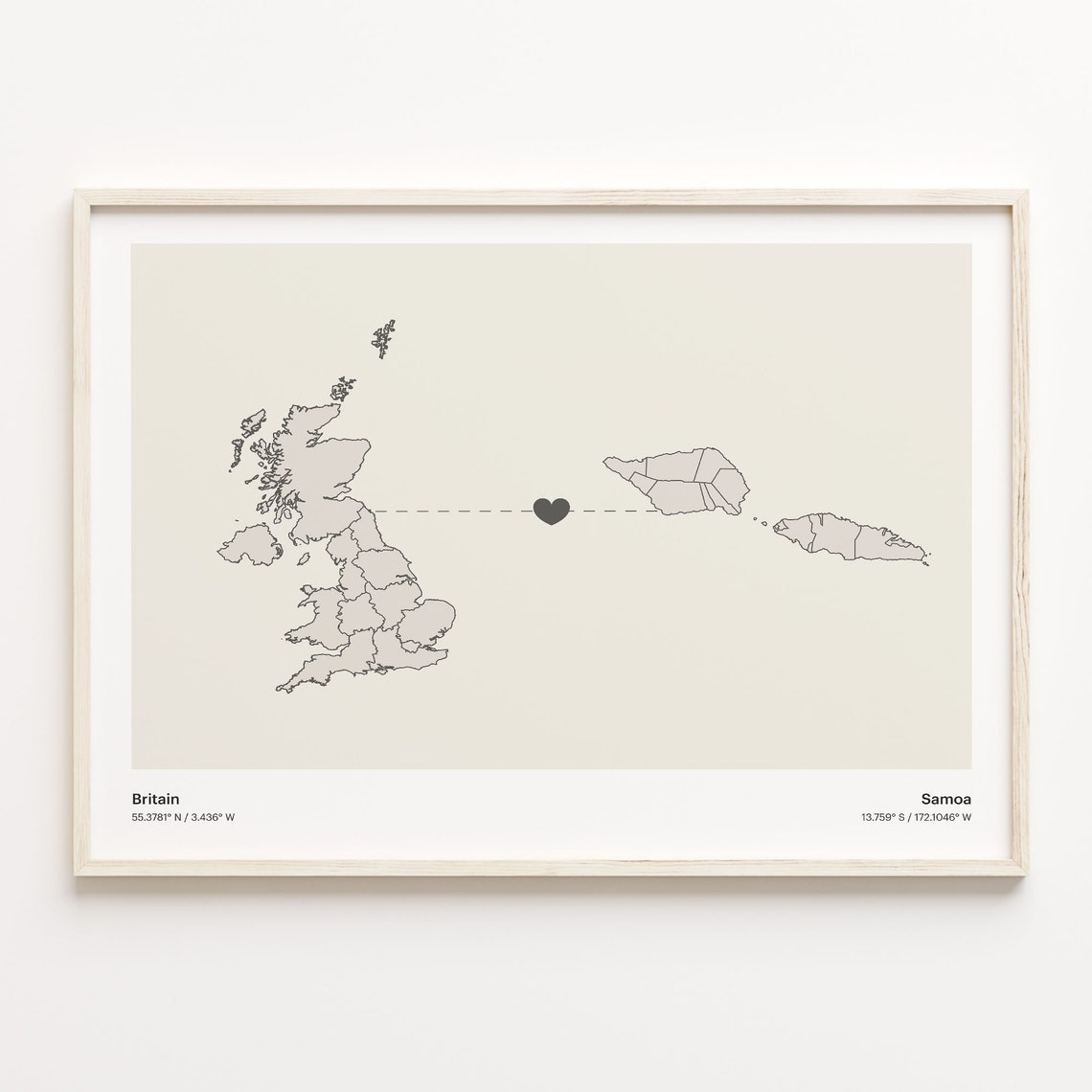Britain To Samoa Minimalistic Heart Love Connection Map Poster