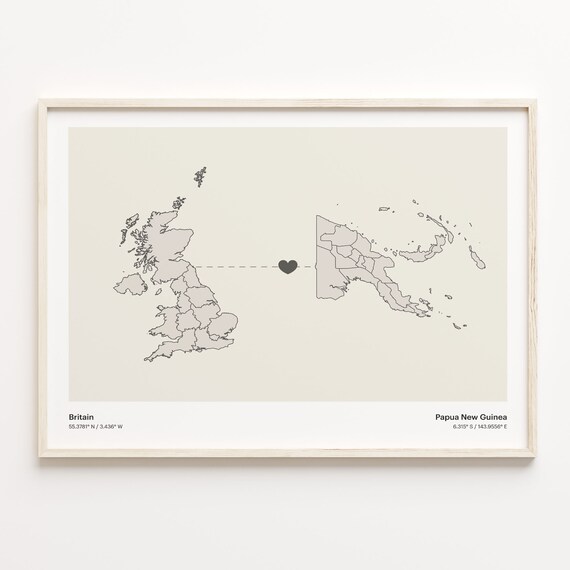 Britain Papua New Guinea Long Distance Heart Connection Map Gift Poster