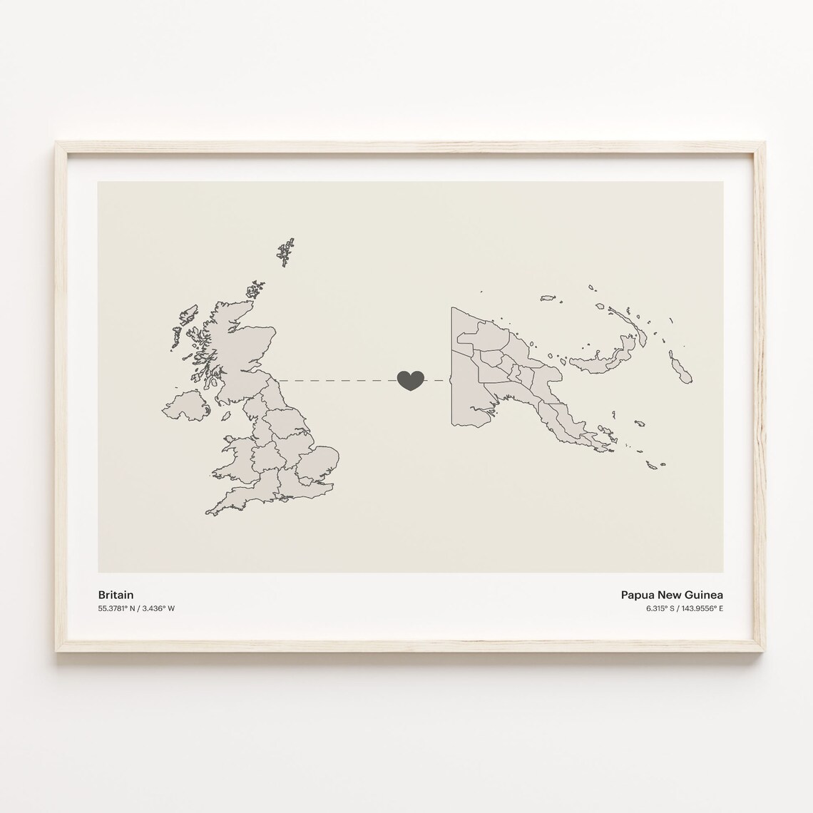 Britain Papua New Guinea Long Distance Heart Connection Map Gift Poster