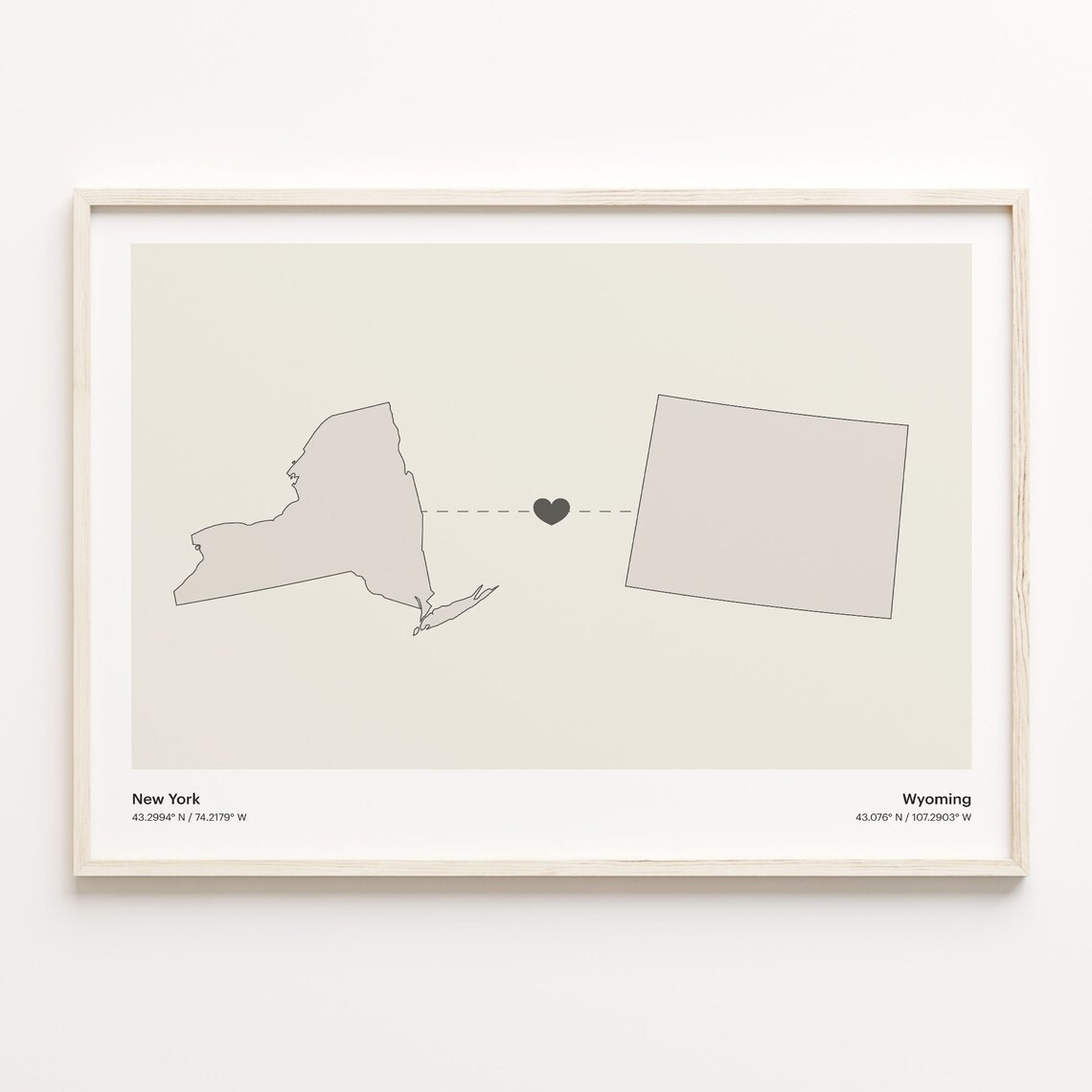 New York to Wyoming Long Distance Love Heart Connection Map Poster
