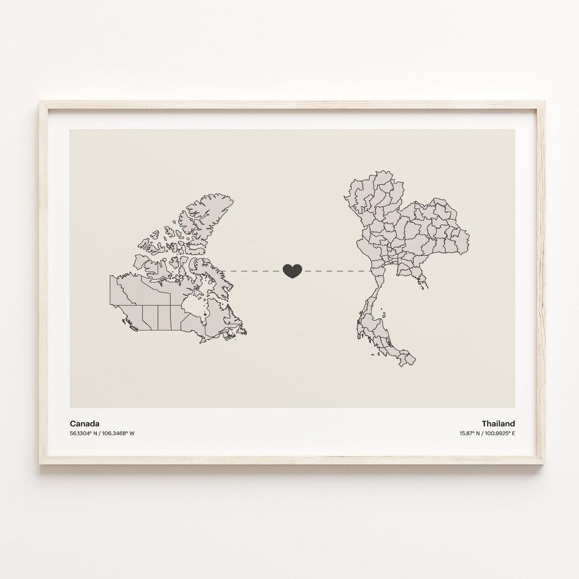 Canada To Thailand Map Poster, Minimalistic Travel Connection
