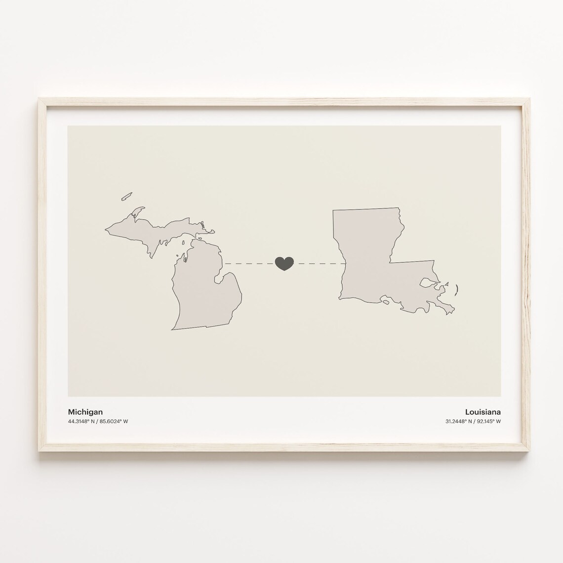Michigan to Louisiana Minimalist Long Distance Connection Map Poster