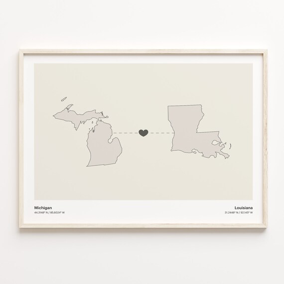 Michigan to Louisiana Minimalist Long Distance Connection Map Poster