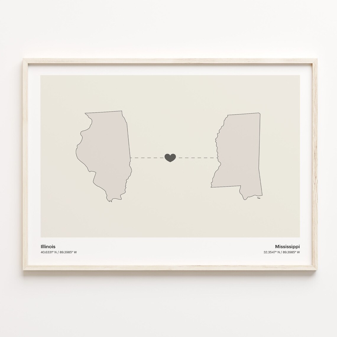 Illinois To Mississippi Heart Connection Minimalist Map Poster